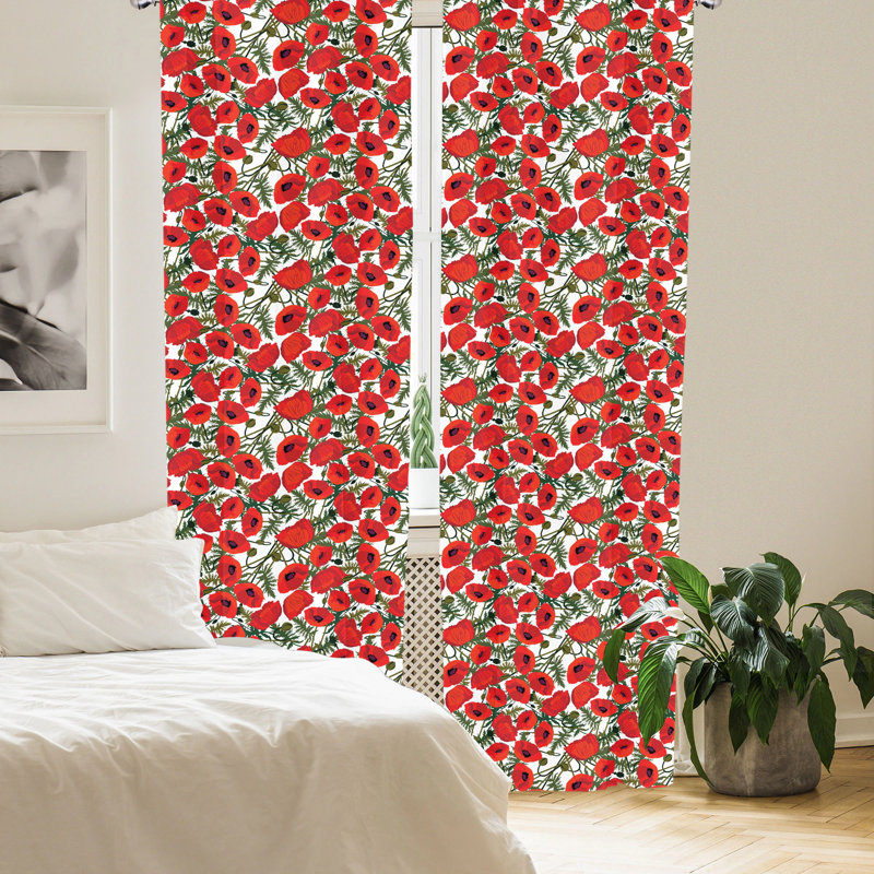 Red Poppy Floral Polyester Room-Darkening Curtain Panels