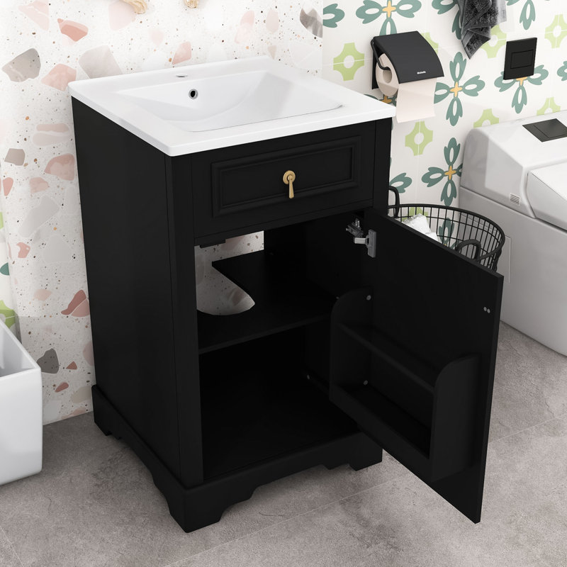 Bathroom Vanity with Ceramic Sink, Soft Close Door, Adjustable Shelf and Storage Rack, Black