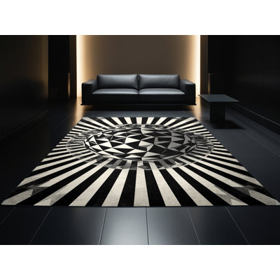 Machine Washable Pahola Modern & Contemporary Geometric Shapes Rug in Black – Black Binding
