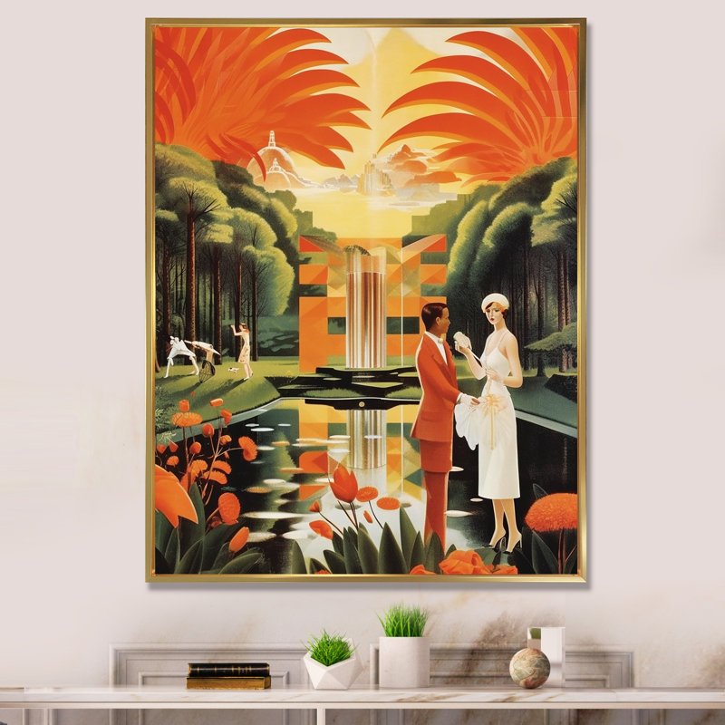 Art déco, dame en blanc, aventure cosmopolite - mode femme, art mural pour le salon, Cadre flottant doré
