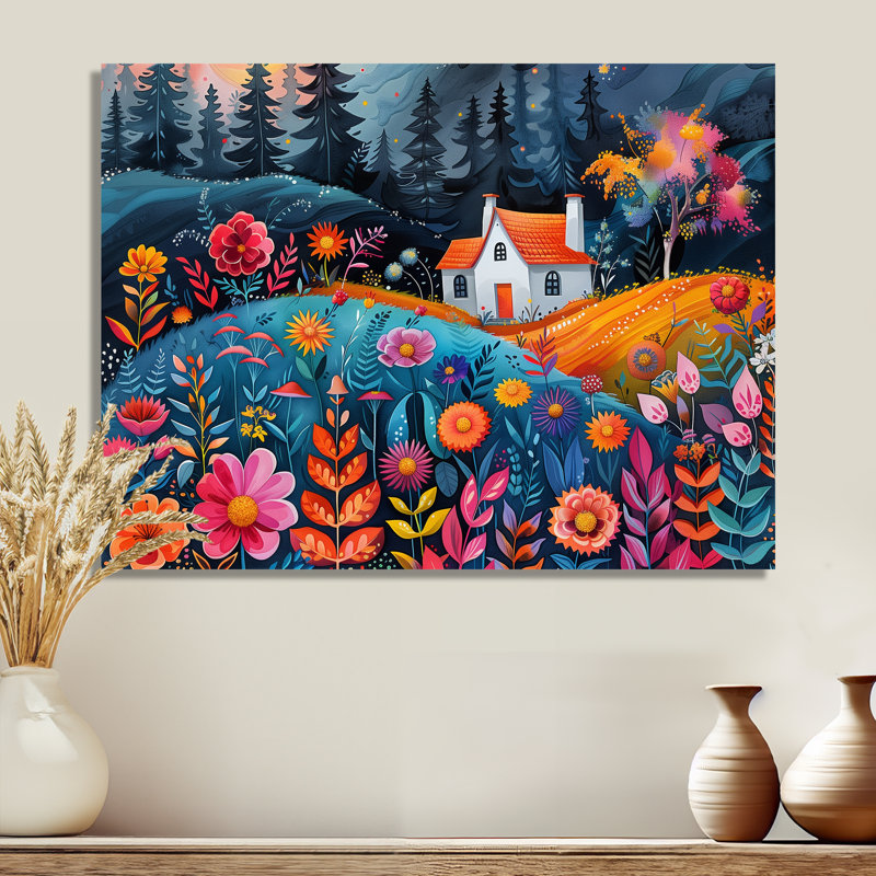 Orange, bleu, été, ferme, jardin, beauté I - ferme, art mural, Métal métal, H 34 po x l 44 po