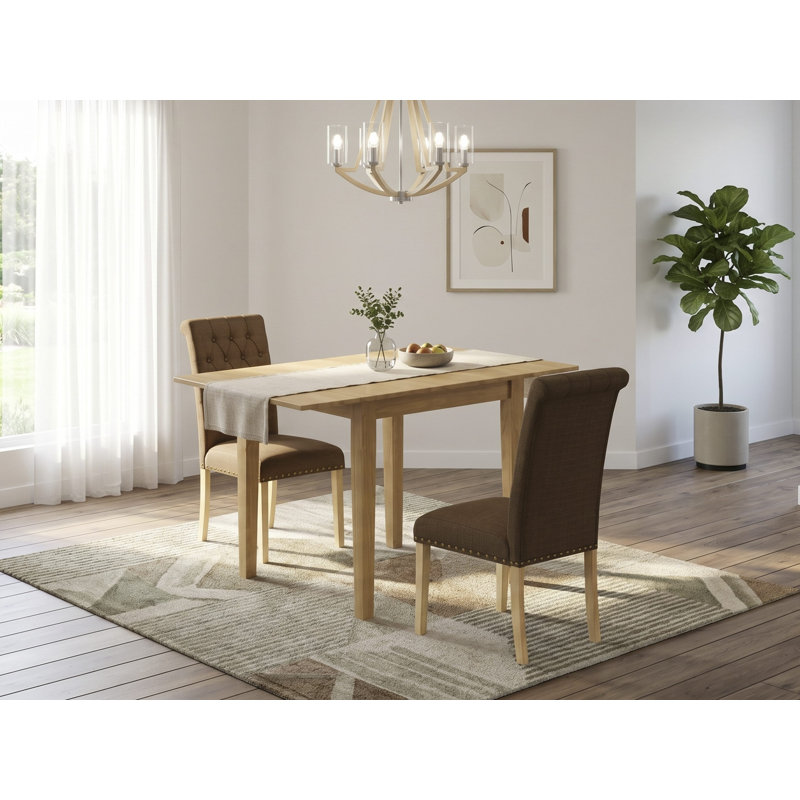 L'ensemble de table de salle à manger 3 pièces contient une table de salle à manger rectangulaire avec Dropleaf et 2 chaises rembourrées en tissu de lin brun, chêne
