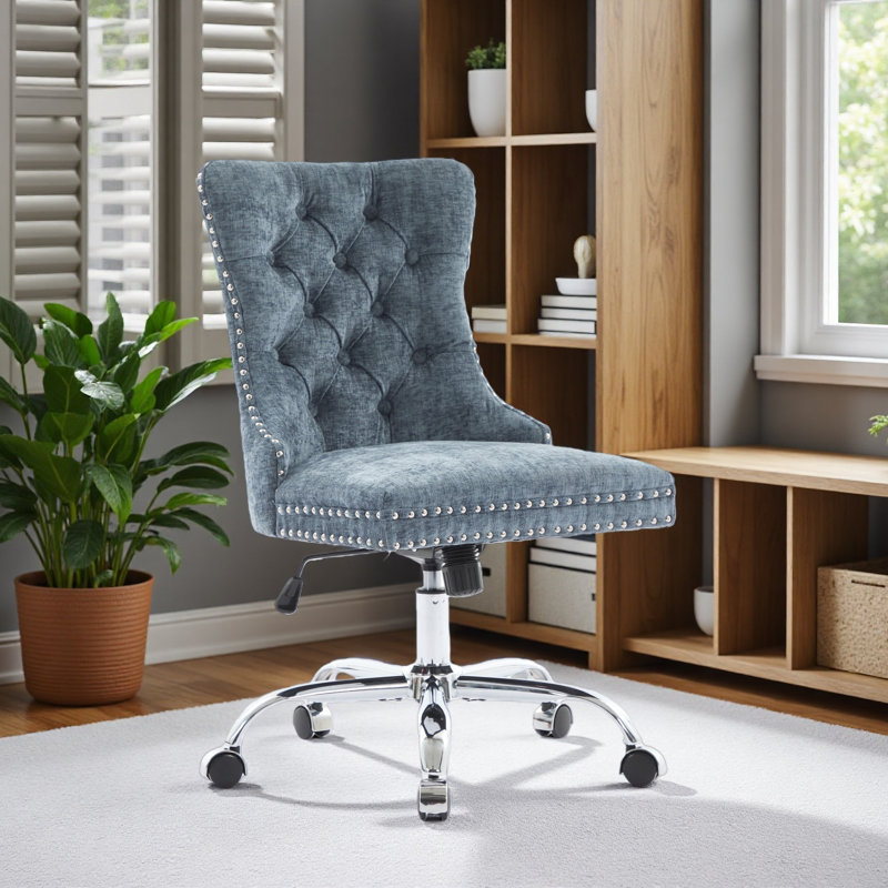 Office Chair,Modern Chenille Upholstered Tufted Button Home Office Chair With Chrome Metal Base,Adjustable Desk Chair Swivel Office Chair