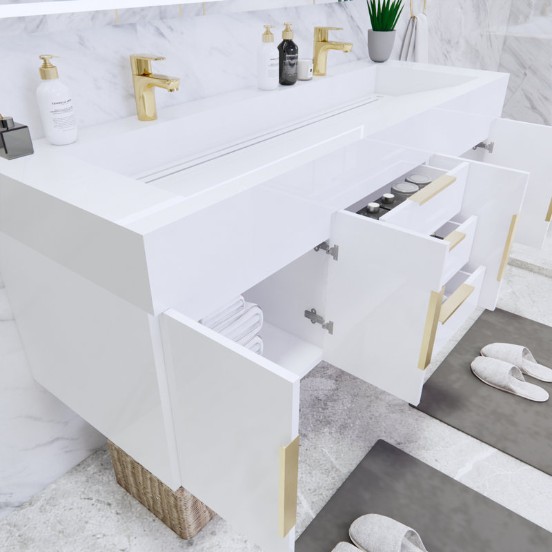 Ensemble de meuble-lavabo double mural l 59 po x P 19,75 po x H 22,25 po Glasgow, Blanc, Blanc très luisant