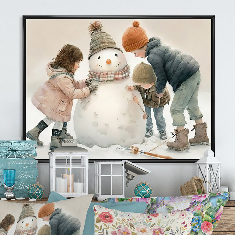 «Kids Building a Huge Snowman II», peinture sur toile, H 16 po x l 32 po x P 1 po, Toile avec cadre flottant noir