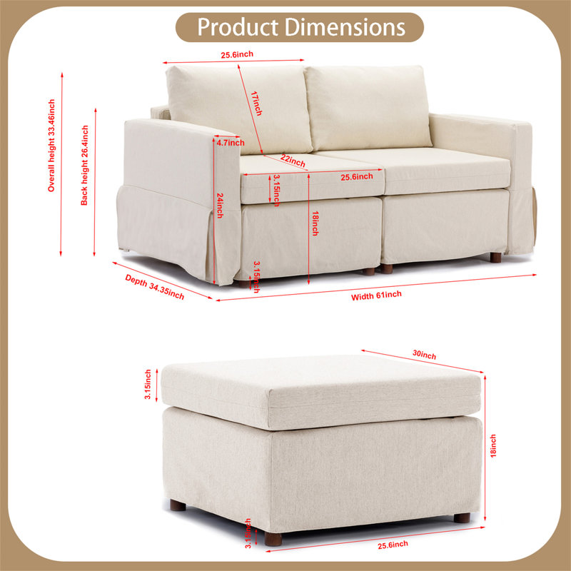 Canapé modulaire 3 pièces Demichael, 100 % lin crème
