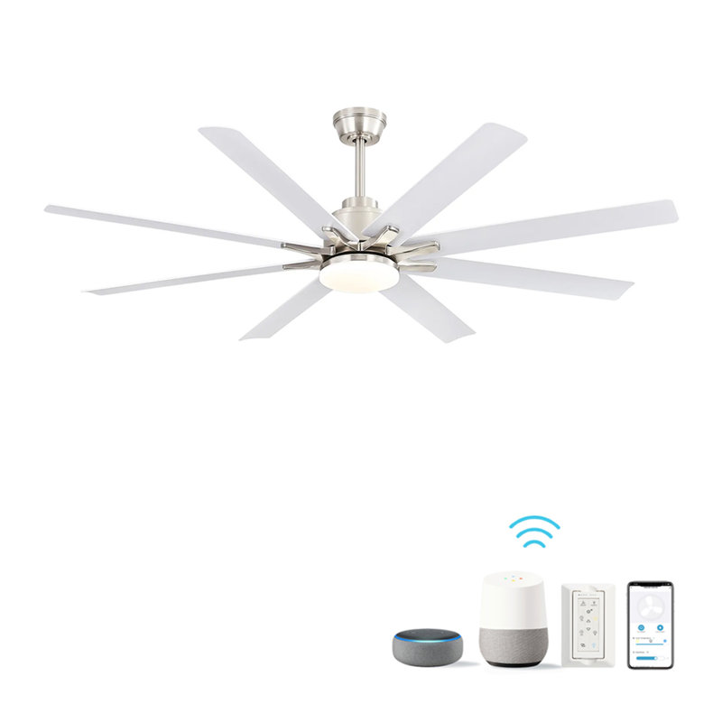 66 Inch Modern Ceiling Fan With Dimmable Led Light 8 ABS Blades Remote Control Reversible DC Motor For Home Office, Nickel