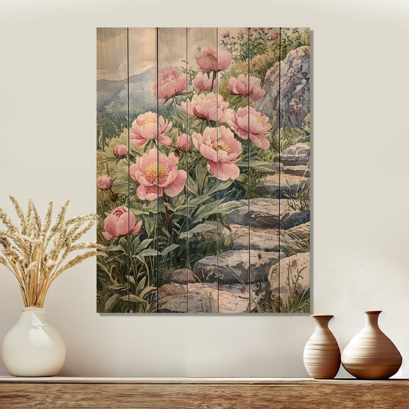 Pivoines par le chemin de pierre I - Art mural en bois pivoines - sur bois de pin naturel, H 20 po x l 10 po x P 0,78 po