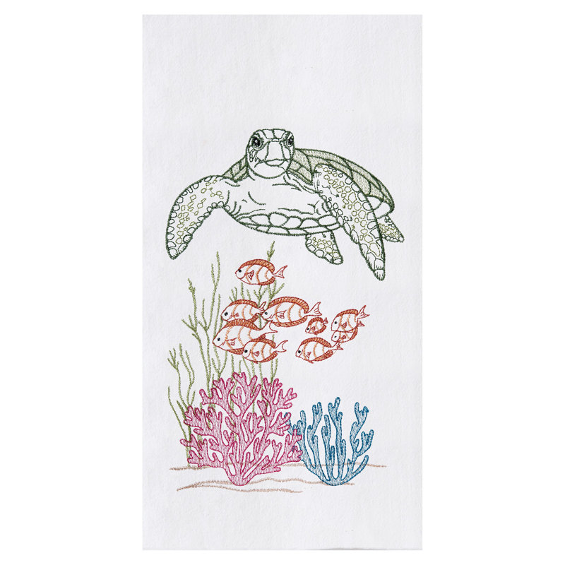 Torchon brodé en coton Ocean Life