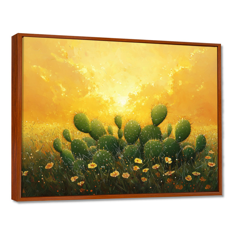 Cactus dans la lumière dorée III - cactus, art mural, H 30 po x l 40 po, Cadre flottant, Brun