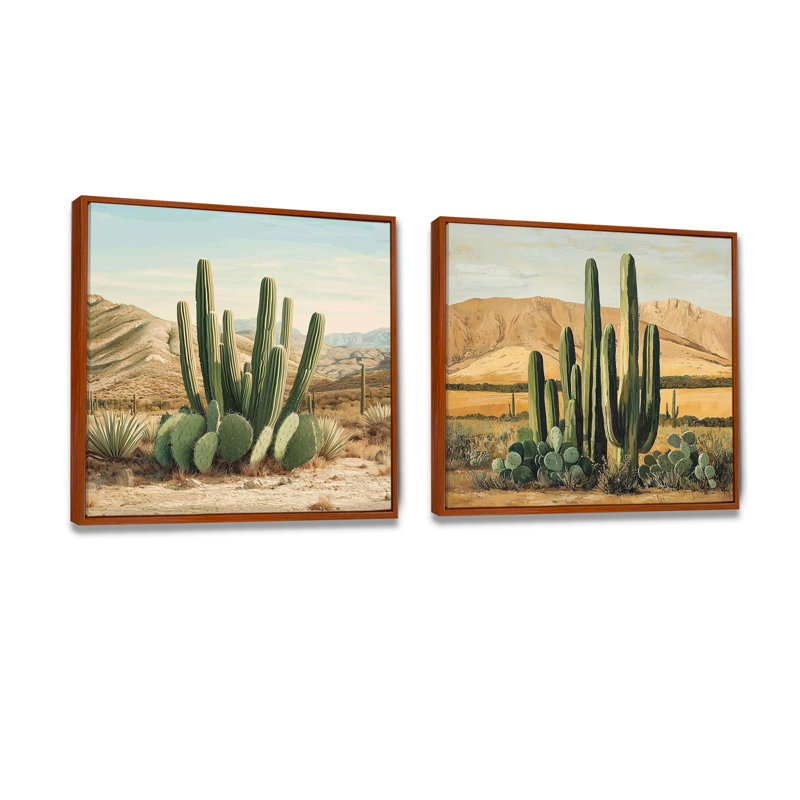 Cactus et le désert - Cactus floral - art mural traditionnel 2 pièces, H 16 po x l 33 po, Floater Framed, Brun