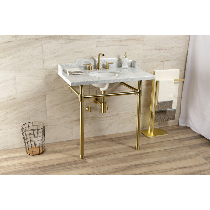 Lavabo console en laiton Carrara de 36 pouces avec pieds en acier inoxydable Kingston (8 pouces, 3 trous) Kingston