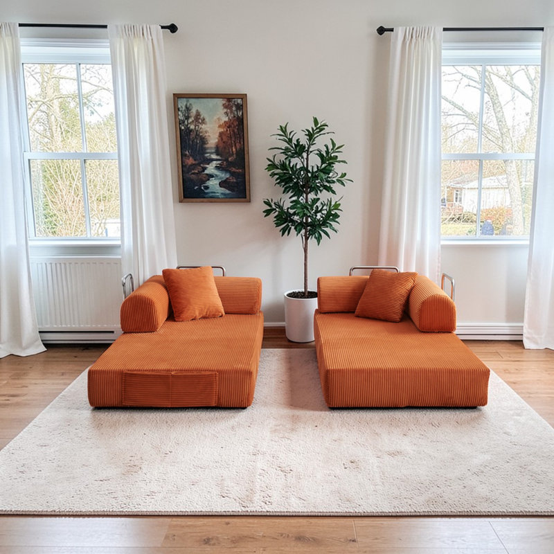 78.8" Compression Sofa, Convertible Floor Sofa Bed, Corduroy Fabric, For Living Room, Bedroom, Orange