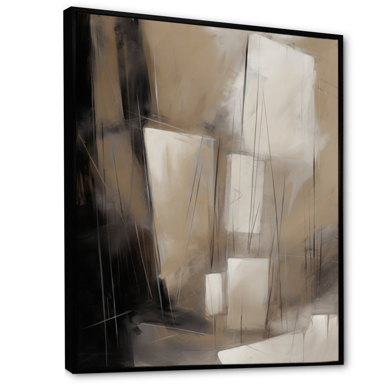 Mélange géométrique gris beige Phebe I, H 20 po x l 12 po x P 1 po, Cadre flottant noir
