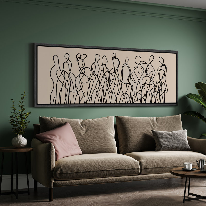 Figurine abstraite sur toile encadrée - dessin de personnes en ligne continue, Noir, H 30 po x l 60 po