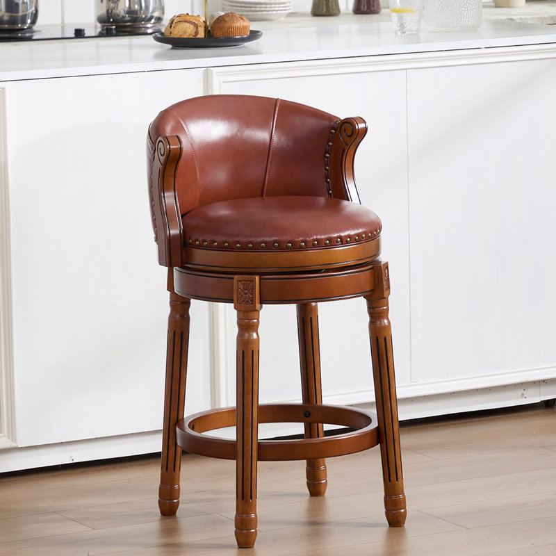Tabouret de bar pivotant à 360 degrés avec siège en cuir et cadre en bois franc robuste, Bar Stool (29.5” Seat Height)