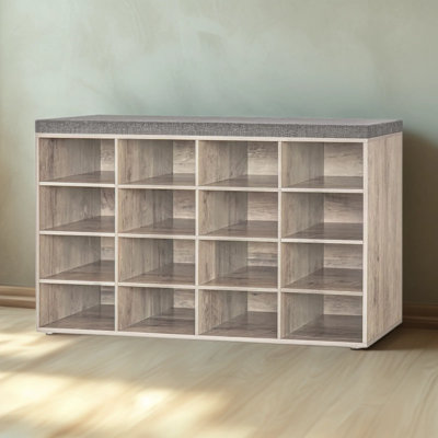 Shoe Storage Bench With Cushion, 16-Cubby Shoe Rack With Adjustable Shelves, Multifunctional Entryway Bench For Mudroom, Hallway, Living Room, Bedroom And Garage