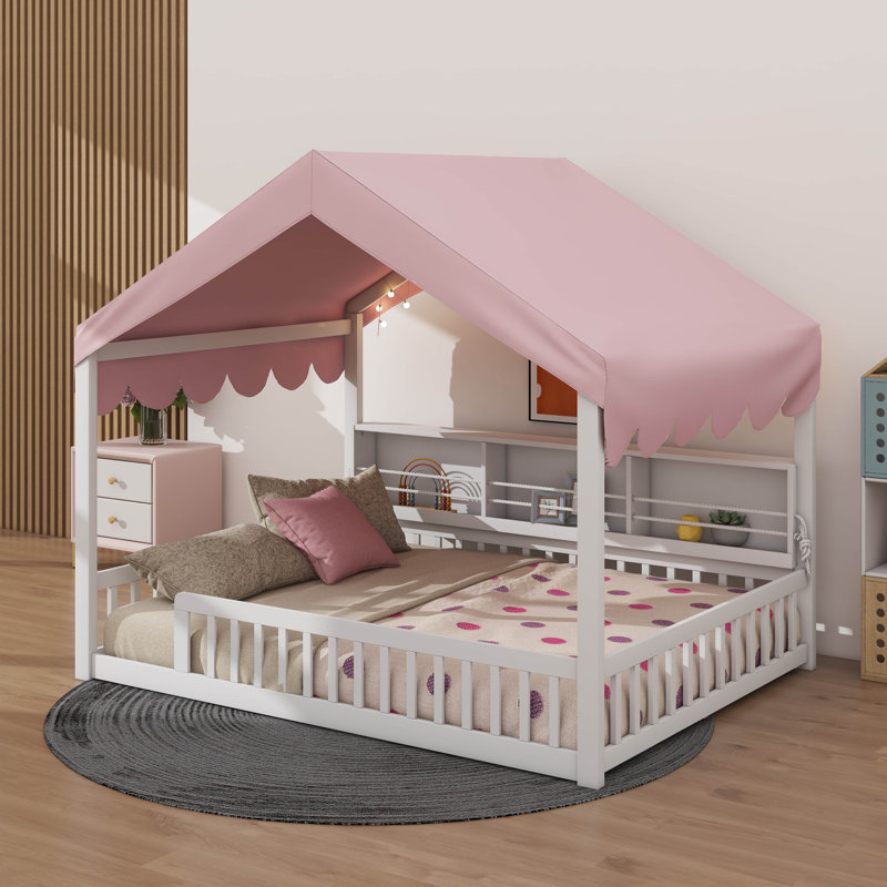 Lit double en bois avec Fense, 3 étagères de rangement, rideau et lumière DEL, White/Pink