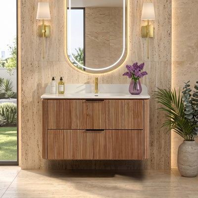 36”Natural Wood One-piece Countertop Floating Bathroom Vanity with Sink