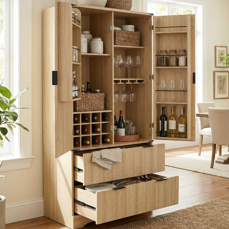 Armoire de cuisine de 71 po de hauteur, armoire de rangement cannelée avec 2 tiroirs et 7 tablettes de porte et tablettes réglables, armoire polyvalente avec support à vin et porte-verre pour la salle à manger, le salon