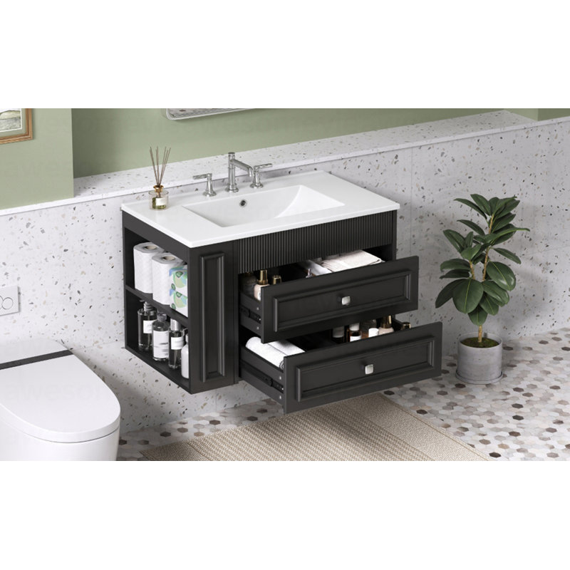 Meuble-lavabo mural de 30 po avec meuble-lavabo flottant avec 2 tiroirs, lavabo simple en céramique à 3 trous et meuble-lavabo moderne noir