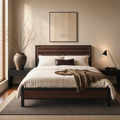 Platform Platform Bed Frame with Headboard, Mid-Century Modern Retro Style, Under-Bed Storage, Durable Metal Slat Support