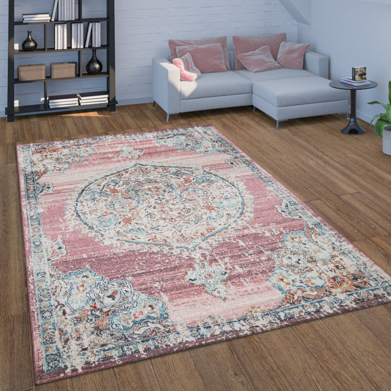 Verutiao Balcony Terrace with Oriental Power Loom Pink/Beige/Blue Indoor/Outdoor Rug, Rectangle 140 x 200cm