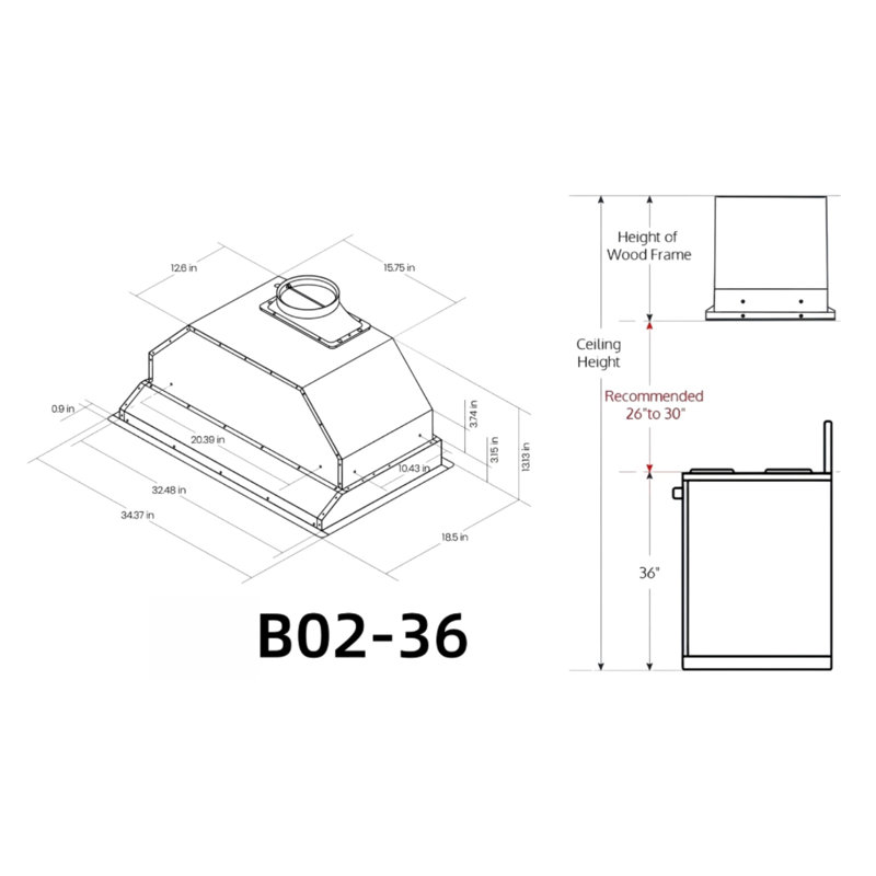 Fuhuoso 36'' 900 CFM Convertible Insert Range Hood with Remote,Touch Control LCD,Long-term Warranty in Stainless Steel