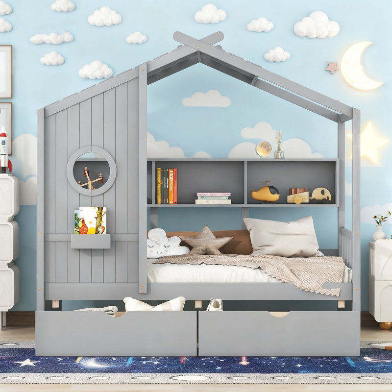 Lit simple en bois avec 2 tiroirs, gris, Lit simple