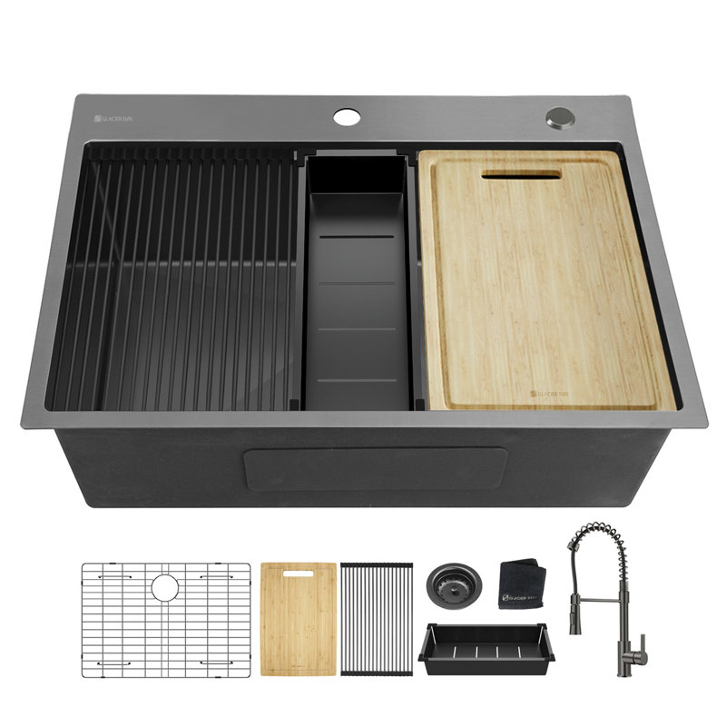 32X22inch Gunmetal Black Workstation 18Gauge 304 Stainless Steel  Kitchen Sink With Black Spraing Neck Faucet