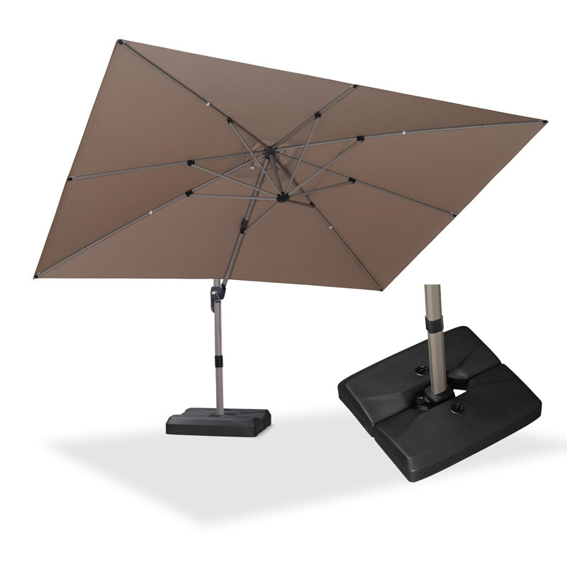 Parasol rectangulaire en porte-à-faux décalé en aluminium 120 po x 156 po avec rotation à 360 ° et base, Taupe