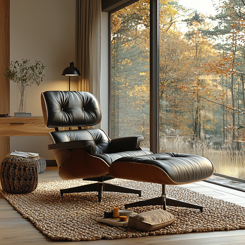 Real Leather lounge chair with Solid Wood, Dark Wood Black Genuine Leather