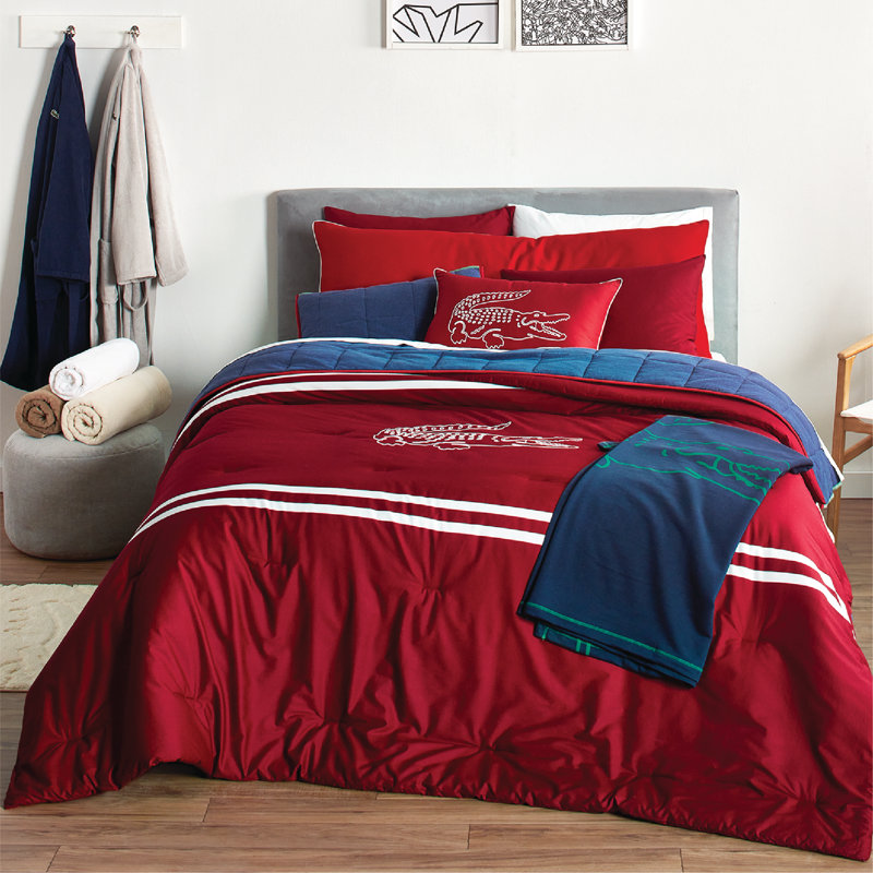 Lacoste Big Croc Cotton 3-Piece Comforter Set – Red, 100% Cotton Percale, Reversible Bedding Set with Embroidered Crocodile Shams, Red, Full/Queen