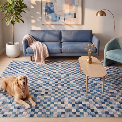 Tapis Aspen moderne à poils courts, motif mosaïque mouchetée abstraite, bleu marine, turquoise, gris, crème et rose, antidérapant, idéal pour l'intérieur et l'extérieur, adapté aux animaux domestiques, pour salon, chambre, salle à manger, entrée, couloir, bureau. Lavable.