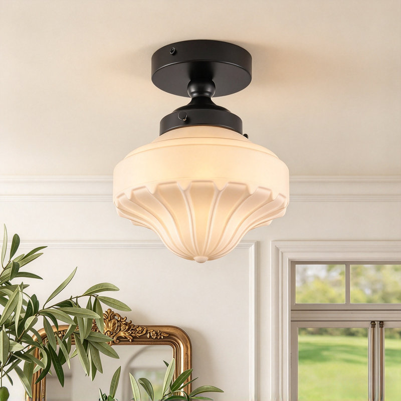 1-Light Vintage Schoolhouse Fluted Glass Semi-Flush Mount Ceiling Light, Dimmable, Matte Black