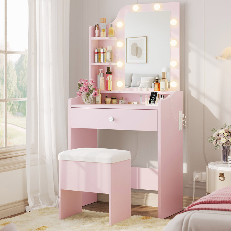 Petit meuble-lavabo avec miroir à DEL, tabouret de rangement et prise de courant, Rose