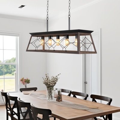 5-Light Farmhouse Pendant Light Fixture, Adjustable Rustic Rectangular Chandelier For Kitchen Island, Dining Room, Living Room, Entryway, UL Listed