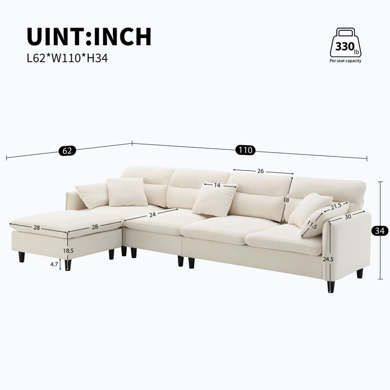 L-shaped Reversible Couch Set with Free Pillows, Beige Chenille
