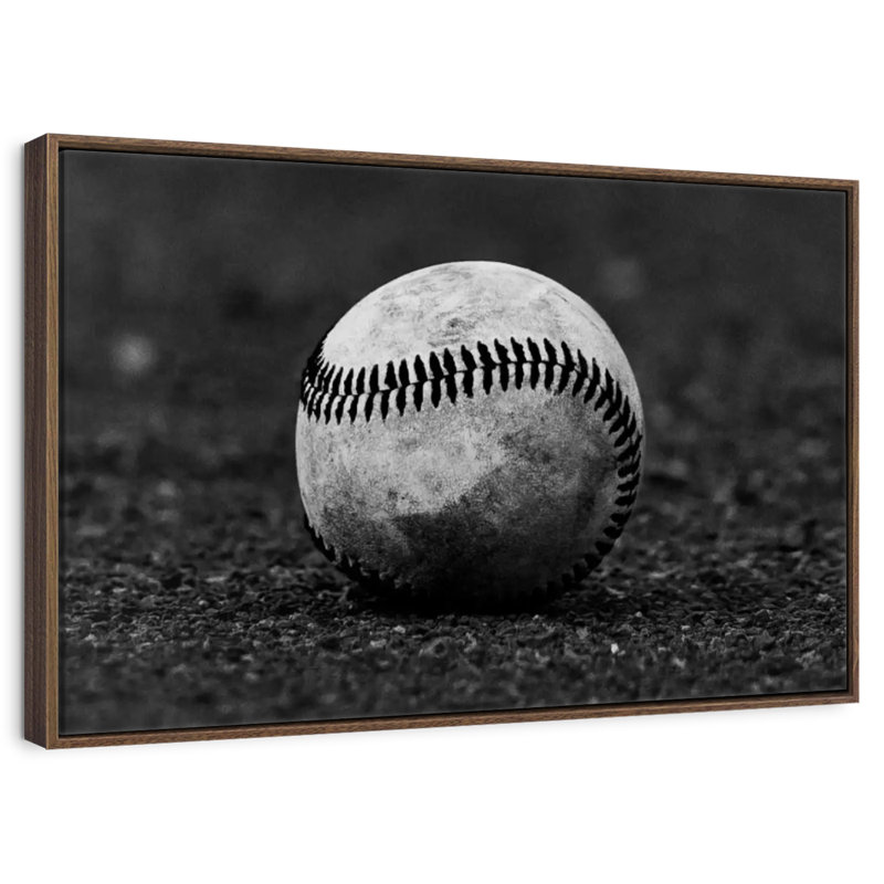 Baseball monochrome, 19 po x 13 po, Cadre flottant noyer