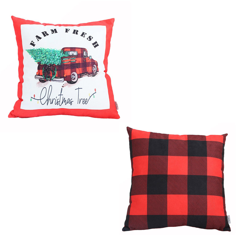 Red and Black Plaid Christmas Truck Polyester Euro Pillow Covers, 18" x 18", Set of 2