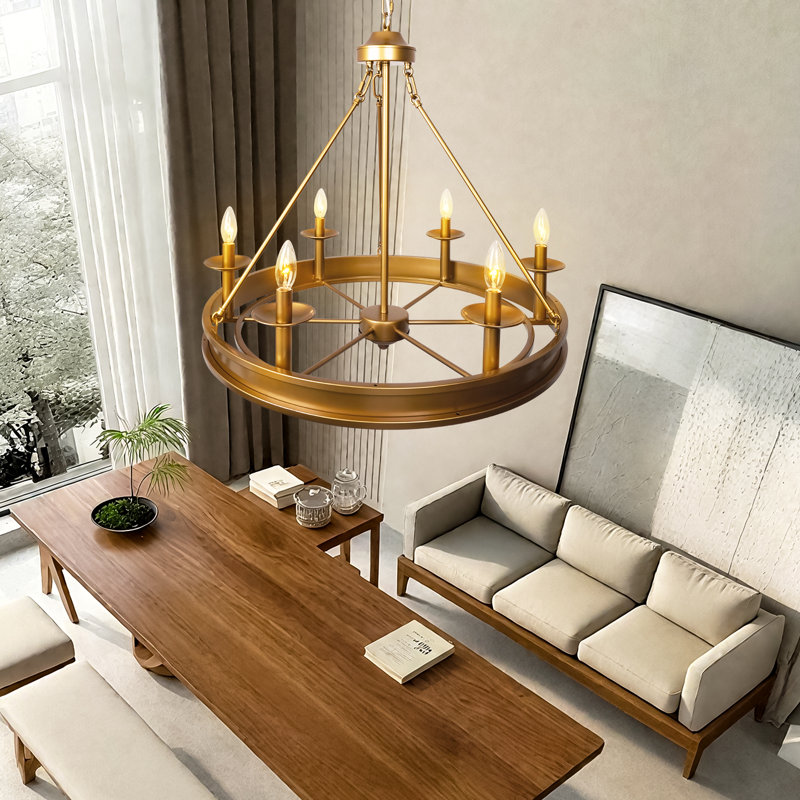 6-Light Black Wagon Wheel Chandelier – Rustic Industrial Pendant Lighting for Dining Room & Foyer, Doré