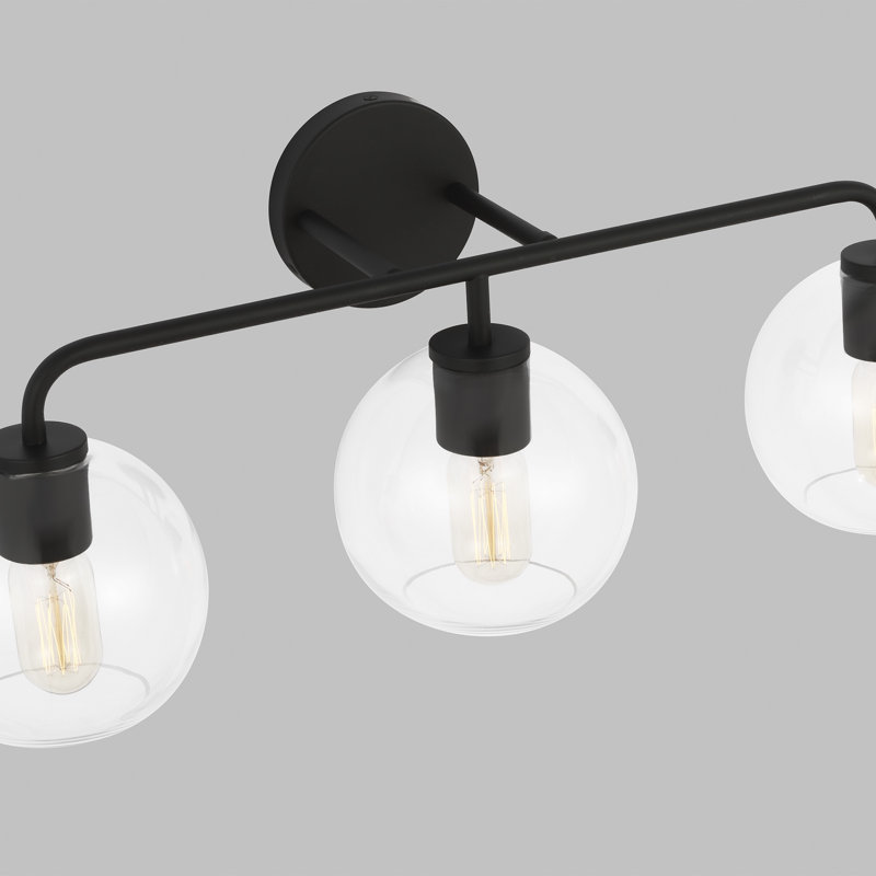 Childerley 26.5" W 3-Light Steel Vanity Light with Glass Globe Shades, Midnight Black, Clear