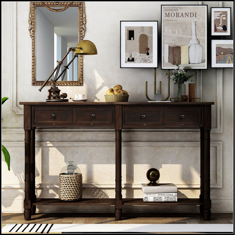 Console rustique avec deux tiroirs de rangement et une tablette inférieure pour un assemblage facile et une décoration élégante