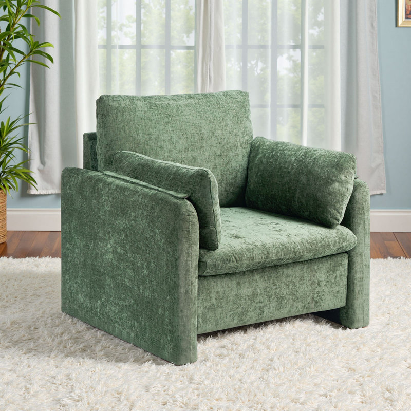 Green Accent Chair, Modern Upholstered Accent Chair with Armrests, Cloth Arm Chairs with Thick Cushion and Arched Backrest, Single Fabric Armchair for Living Room, Bedroom, Study, Office