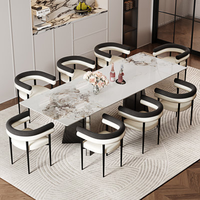Ensemble de table de salle à manger 9 pièces avec plateau rectangulaire en fritté de 94,5 po avec 8 fauteuils rembourrés