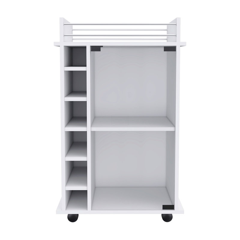 Chariot-bar, deux tablettes, six supports à vin intégrés, quatre roulettes
