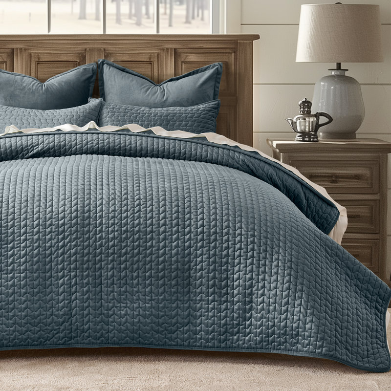 Cross-Stitch Velvet Quilt Set 3 Pieces, Queen, Stormy Blue