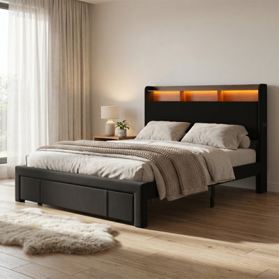 Full-Size Bed Frame, Featuring Headboard Storage, LED Lighting And USB Charging, Upholstered In Soft Fabric, Sturdy Metal Support, Quiet Design, Mattress Not Included, No Box Spring Needed, Platform Bed, Black