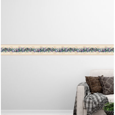 Bordure de papier peint à peler et coller - motif floral rétro mauve, bleu, vert, beige sur fond de vigne, 15 pi X 7 po, auto-adhésif