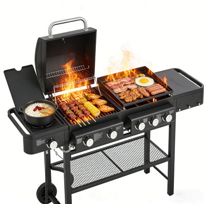 5 Burner Propane Gas Grill With Side Burner And Griddle, 3 In 1 Bbq Grills With Cast Iron Grill Grates Combo, 56000 Btu Outdoor Barbecue Grill For Backyard Patio